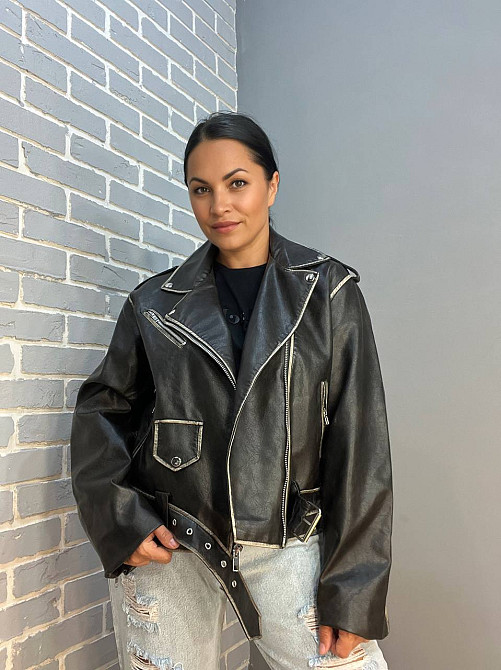 Куртка жіноча Aftf Basic 2456 косуха блискавки пояс варені шви екошкіра чорна, чорний, M Київ - фото 15