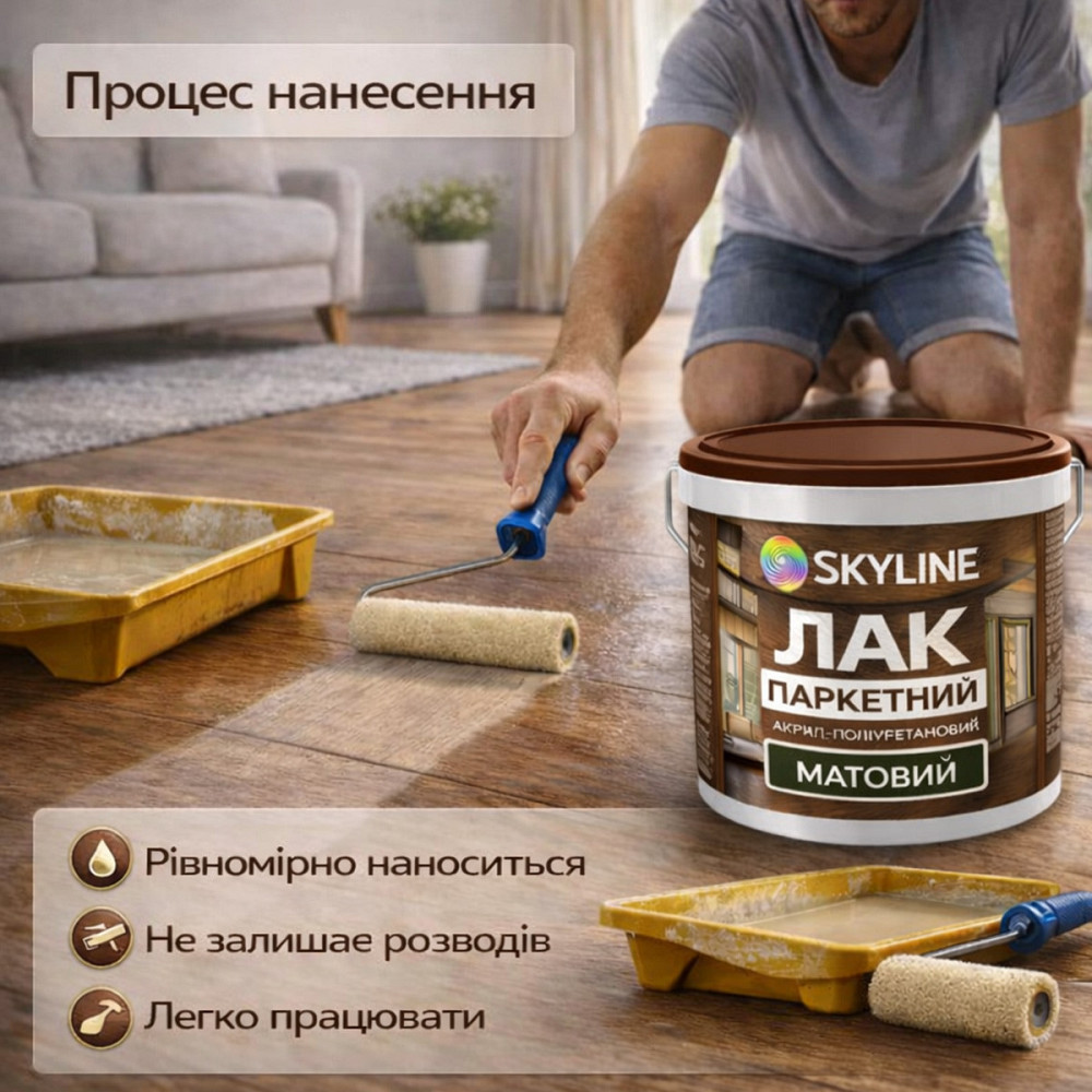 Лак для підлоги матовий Skyline паркетний, акрил-поліуретановий, водний, зносостійкий, без запаху, 5 л Харків - фото 4