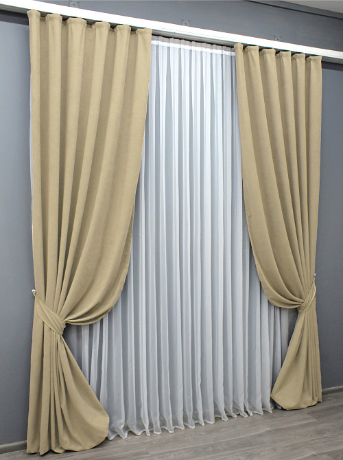 Комплект готовых штор VR-Textil Микровелюр Petek YL № 1801ш Кремовый 150х295 см 2 шт (33-0775) Киев - изображение 4