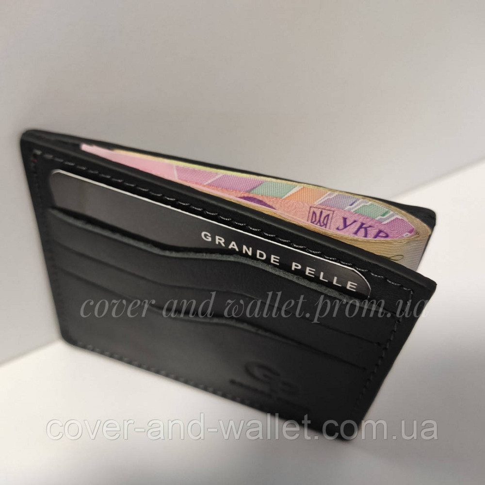 Чорний шкіряний картхолдер із відділенням для купюр Grande Pelle Київ - фото 1