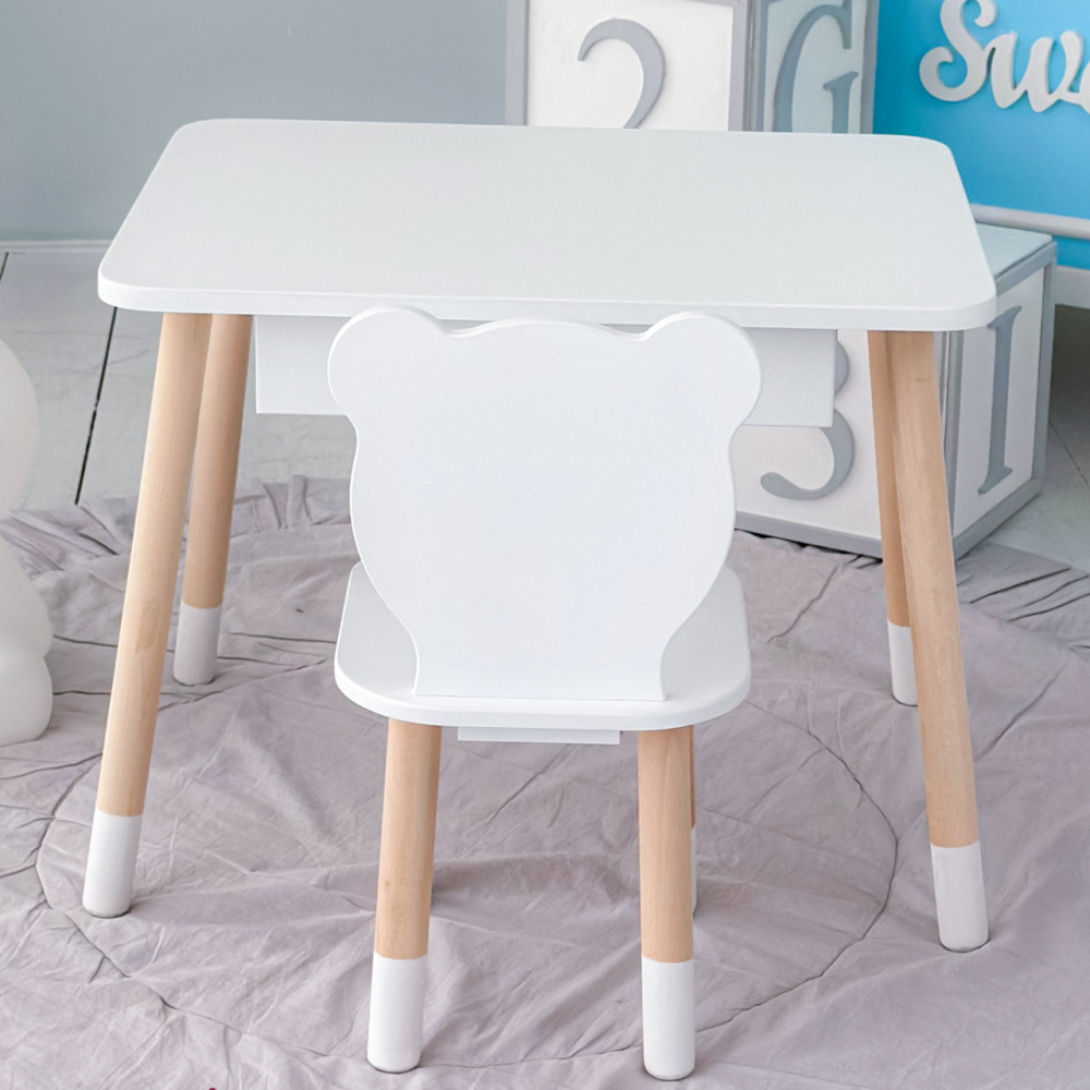 Стіл прямокутний з висувним ящиком 46х60х45 і стілець медвежа 26х26х24, столик та стільчик в дитячу, білий Кам'янське - фото 13