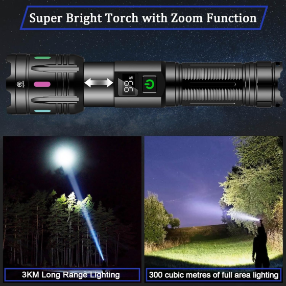 Акумуляторний тактичний ліхтар Jayxinli F15 1 000 000 Lm: LED, РК-дисплей, PowerBank, IP67, 5000 mAh (Чорний) Київ