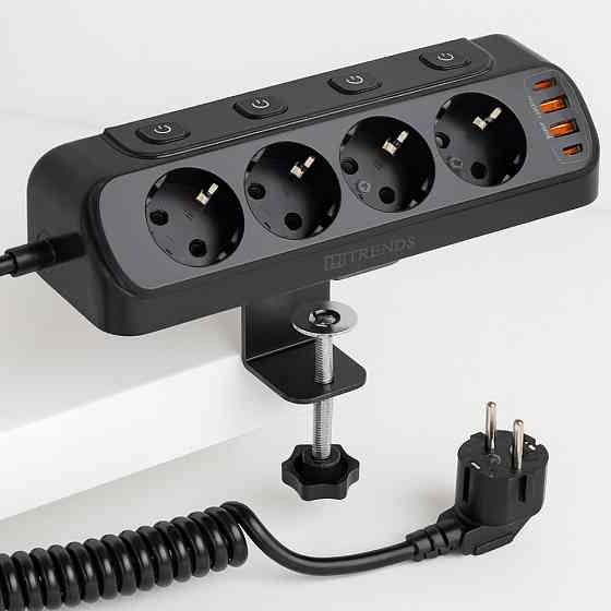 Мережевий фільтр 20Вт, 1.6м (2хUSB-A, 2хType-C, 4х220В) / Електричний подовжувач з тримачем для столу Київ