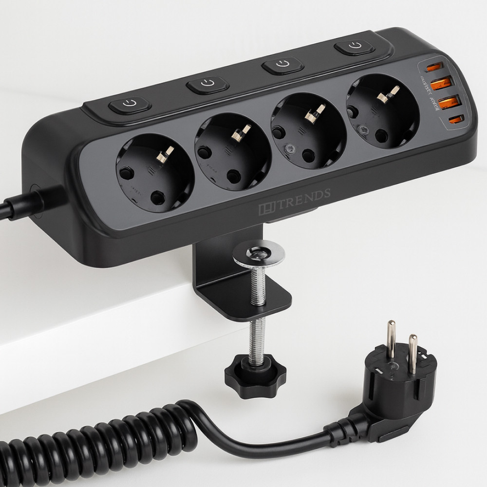 Мережевий фільтр 20Вт, 1.6м (2хUSB-A, 2хType-C, 4х220В) / Електричний подовжувач з тримачем для столу Київ - фото 4