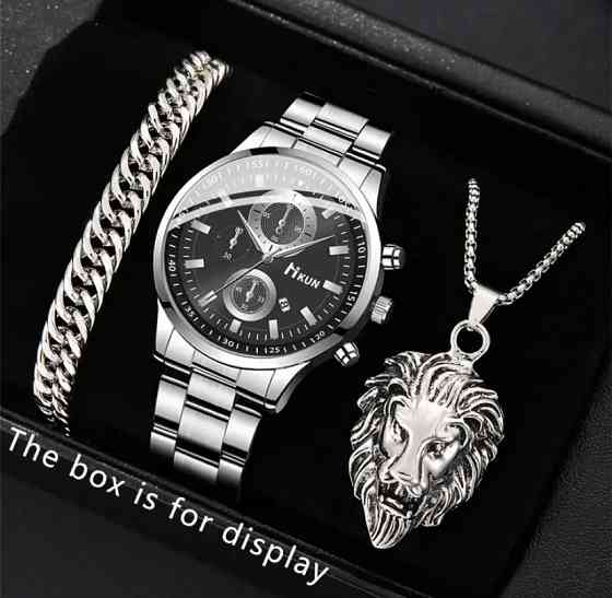Подарунковий набір для чоловіків Лев Цар наручний годинник з браслетом і ланцюжок з кулоном сріблястий Київ