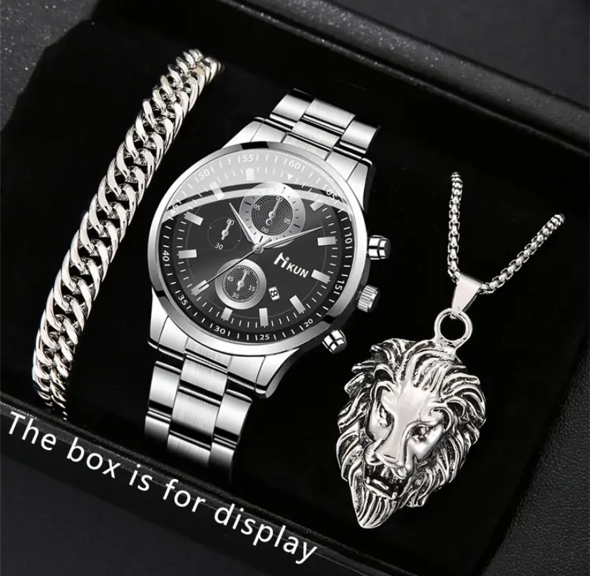 Подарунковий набір для чоловіків Лев Цар наручний годинник з браслетом і ланцюжок з кулоном сріблястий Київ - фото 1