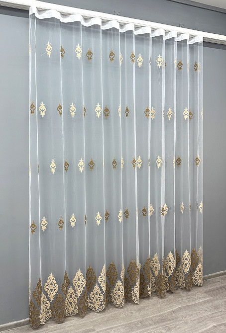 Тюль VR-Textil 1845т Фатин з об'ємною вишивкою Білий з бежевим та шоколадним 400х270 см (42-0917) Київ - фото 3