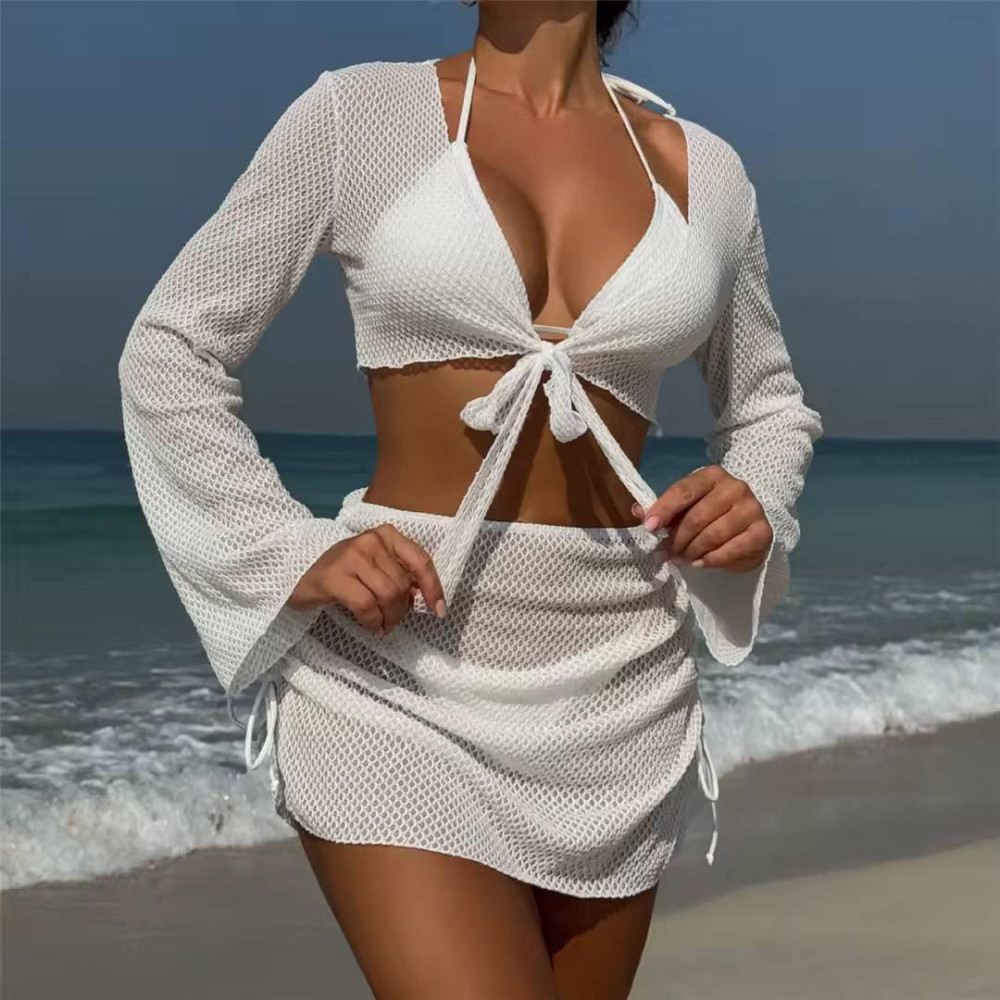 Женский пляжный костюм двойка: топ и юбочка из ажурной сетки Молочный, 46/48 Одесса - изображение 3