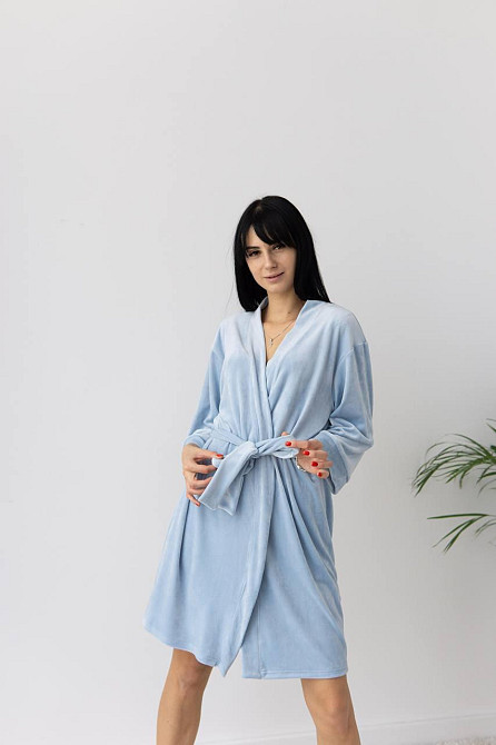 Халат женский плюш велюр под пояс Голубой XL Харьков - изображение 2