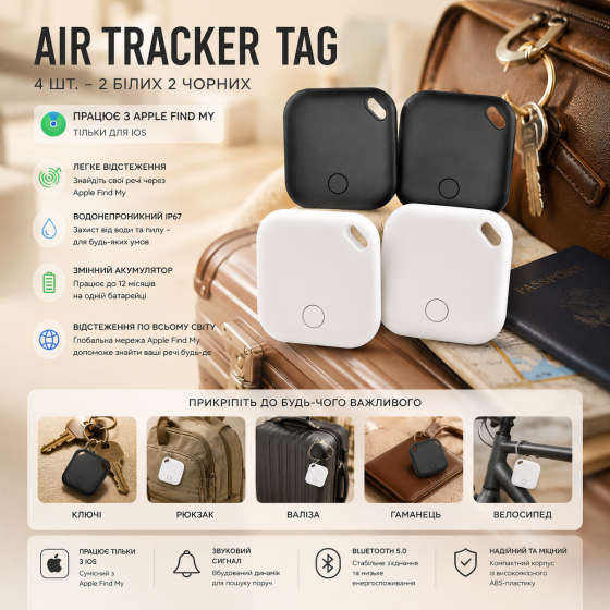 Bluetooth трекер CASCHO Air Tracker Tag 4 шт для Apple Find My, пошук ключів і багажу, IP67, iOS Київ