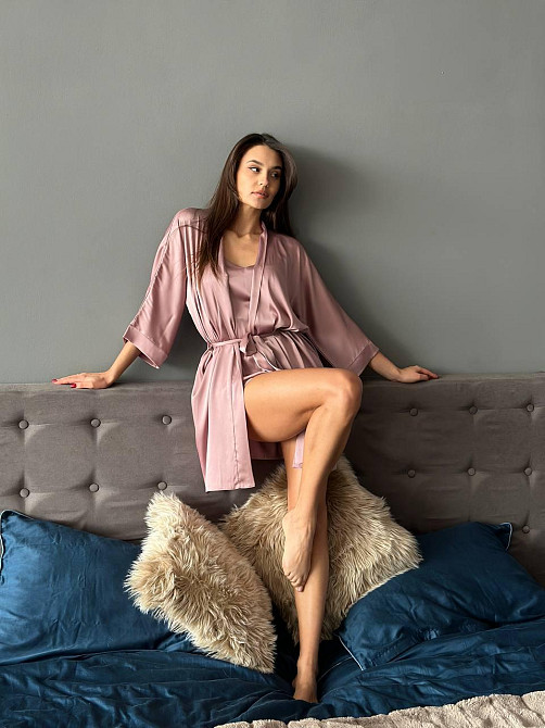 Халат женский шелковый под пояс длина 90см Пудровый 3XL/4XL Харьков - изображение 6