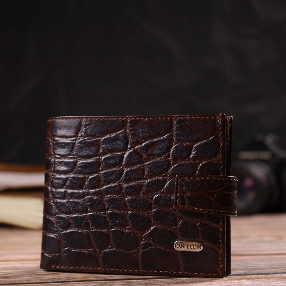 Практичний горизонтальний гаманець для чоловіків з натуральної шкіри з тисненням під крокодила Коричневий (CANPELLINI) Київ - фото 2