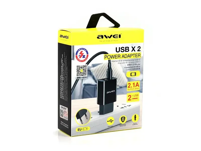 Мережевий адаптер AWEI C3 2 USB 2.1А, швидка та безпечна зарядка смартфонів, планшетів, гаджетів Одеса - фото 8