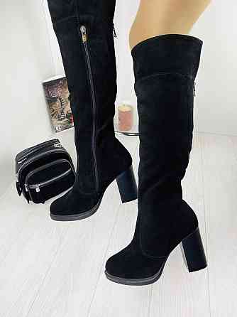 Чоботи жіночі Odzi чорні натуральна замша зима висота 39см обхват 34-40см каблук 9см (C-9224) Коломыя