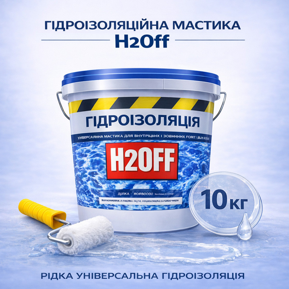 Гідроізоляційна акрилова мастика H2Off Прозора 10 кг рідка універсальна гідроізоляція для ванної, підвалів, балконів, покрівлі Харків - фото 1