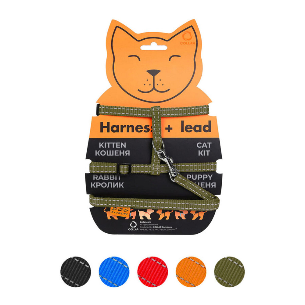 Шлея Dog Extreme з нейлону для котів з повідцем (ширина 10мм, А:20-30см, В:25-40см, довжина 110см) хакі Київ - фото 1