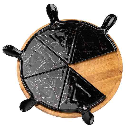 Тарелка для пиццы 28 см фарфоровая с бамбуковой вращающейся подставкой, секционная черная HP1247 Киев