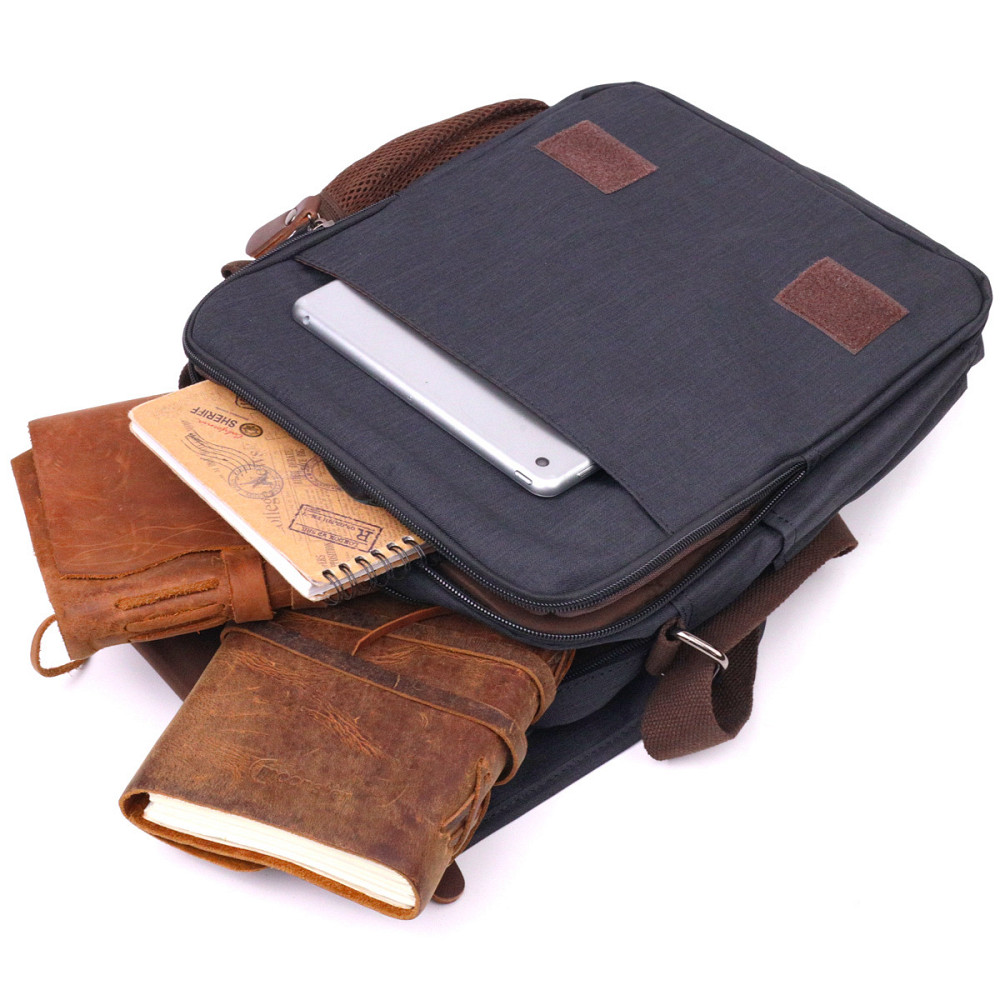 Вертикальная мужская сумка через плечо текстильная Черная (Vintage) Киев - изображение 3