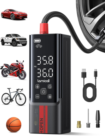 Портативный компрессор Lamicall 150 PSI, 35 л/мин, автостоп, 5 режимов, LED-дисплей и фонарик, для авто/вело/мото Киев