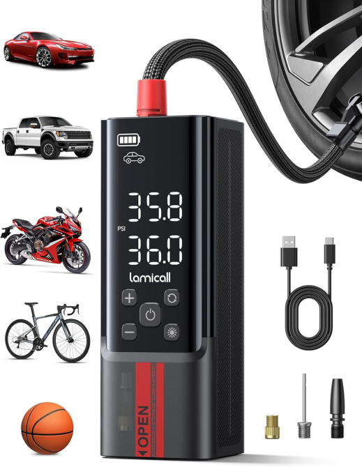 Портативный компрессор Lamicall 150 PSI, 35 л/мин, автостоп, 5 режимов, LED-дисплей и фонарик, для авто/вело/мото Киев - изображение 2