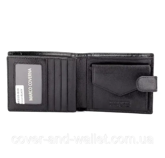 Горизонтальный мужской кошелек из высококачественной кожи черного цвета на кнопке Marco Coverna BK 010-823 Киев