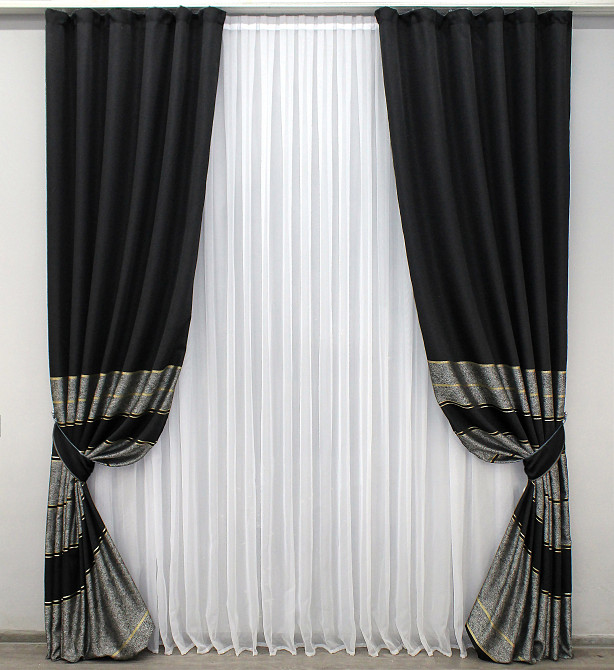 Комплект готовых штор VR-Textil Лен ANZIO № 1307ш Черный с серым 145х290 см 2 шт (33-0157 ) Киев - изображение 2