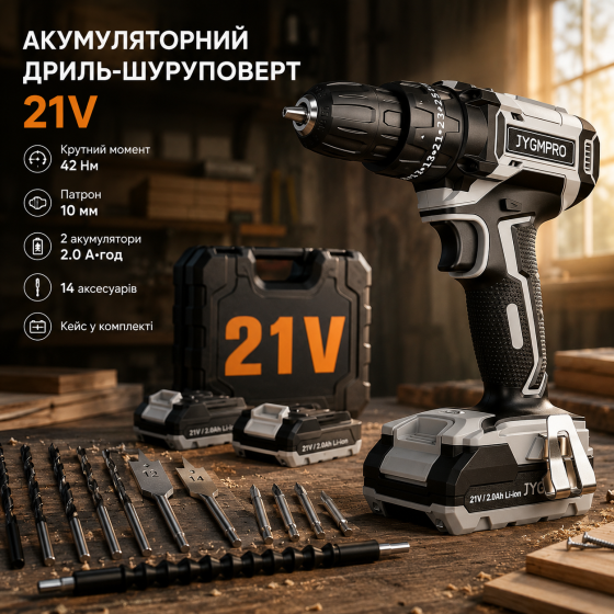Аккумуляторная дрель-шуруповерт JYGMPRO 21 В, 2 аккумулятора 2.0 А·ч, 42 Нм, патрон 10 мм, 14 аксессуаров, кейс Киев