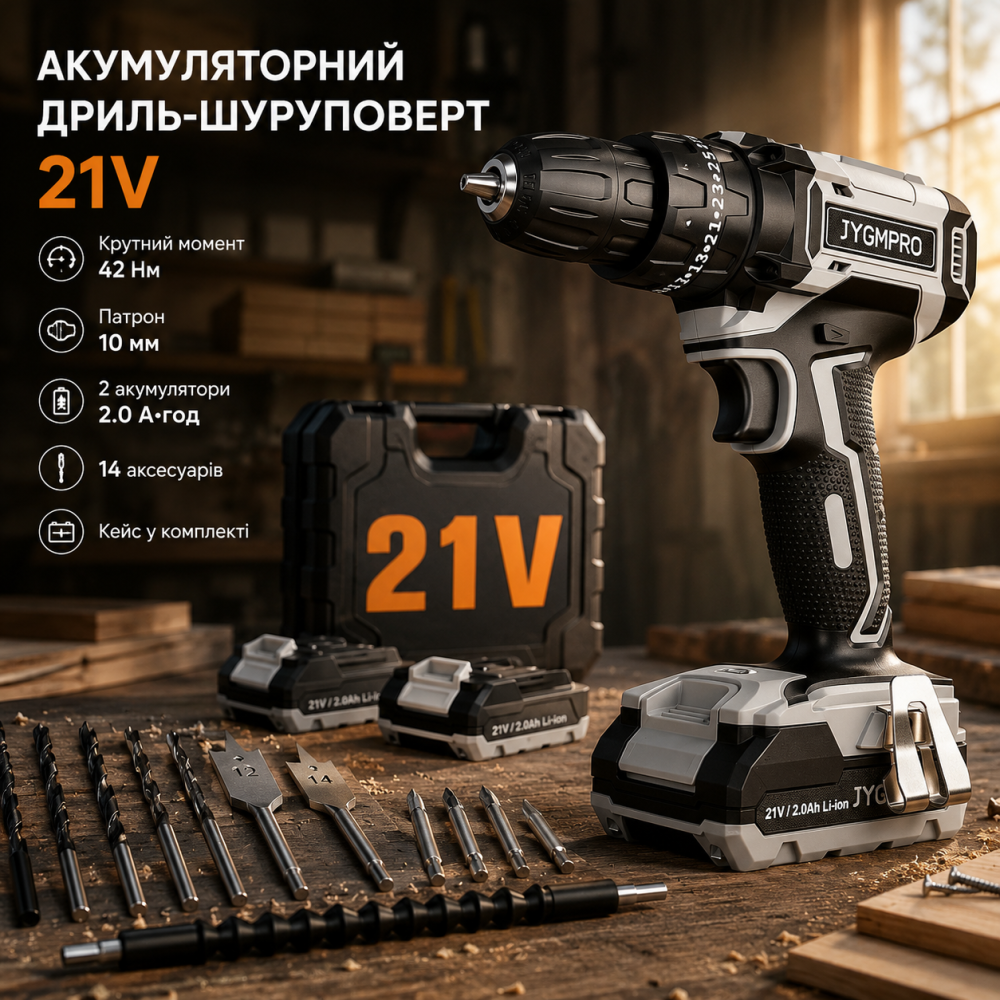 Акумуляторний дриль-шуруповерт JYGMPRO 21 В, 2 акумулятори 2.0 А·год, 42 Нм, патрон 10 мм, 14 аксесуарів, кейс Київ - фото 1