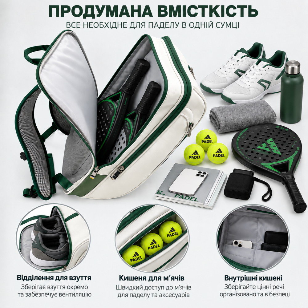 Рюкзак для падела тенисный для тренировки хранения формы, спортивного инвентаря на корте, белый с зелёным Q24-005_white-green Каменец-Подольский - изображение 8