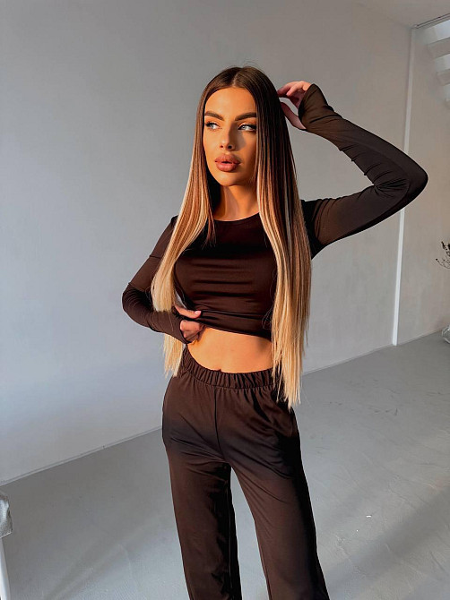 Женский базовый повседневный костюм двойка из микродайвинга Шоколад Одесса - изображение 6