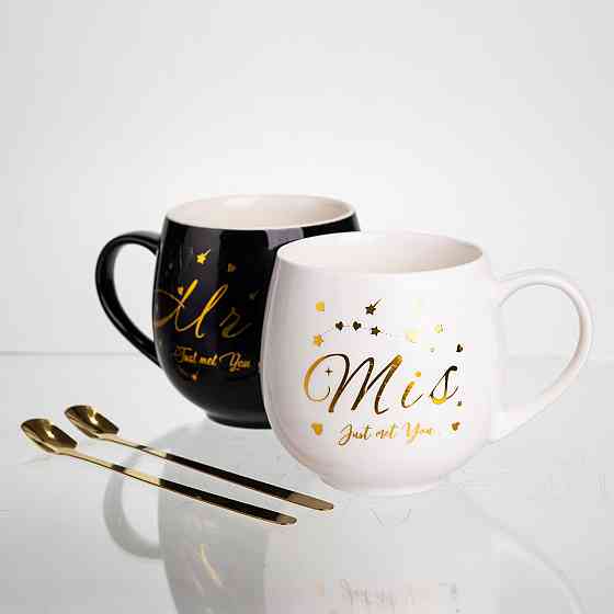 Парные фарфоровые чашки Mr&Mis с ложками, черно-белые Киев