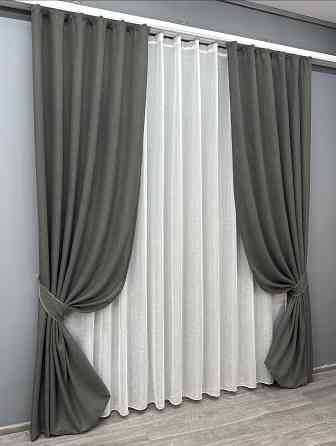 Комплект штор VR-Textil Лен Мешковина 100х270 2шт и Тюль 300х270 1282ш-115т Серый с белым 71-027/1 Киев