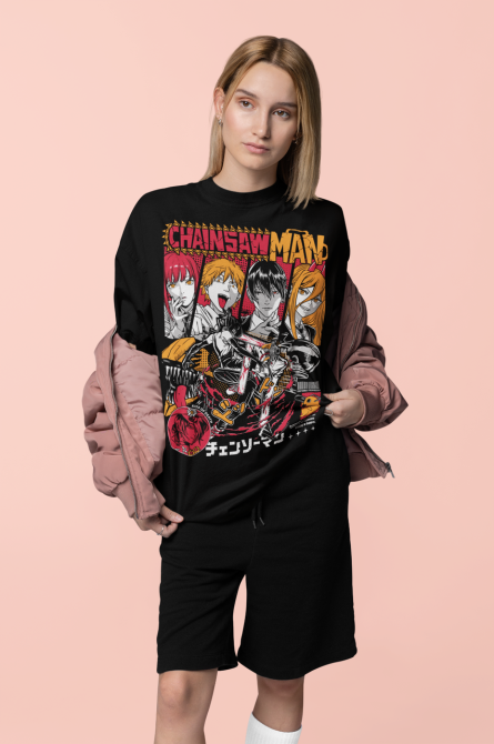 Футболка з аніме принтом Людина-бензопила оверсайз (S/M/L) Чорний AnimeJ0597 Дніпро - фото 3