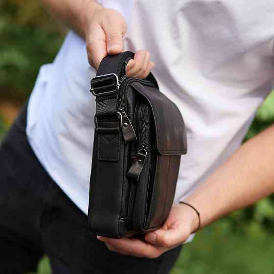 Сумка-барсетка мужская через плечо кожаная гладкая черная Tiding Bag TD-55467 Каменское