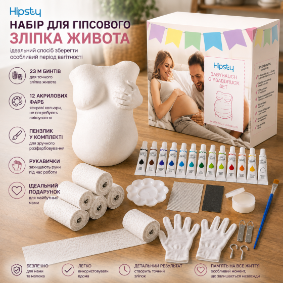Набор Hipsty для гипсового слепка живота беременной, 23 м бинтов, 12 акриловых красок, кисть и аксессуары Киев