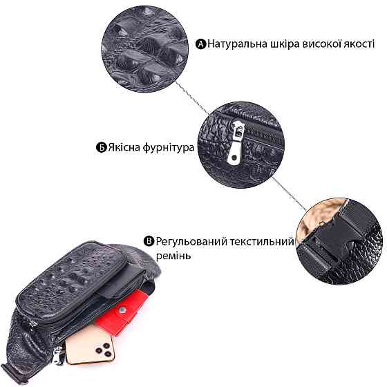 Стильная поясная сумка из натуральной кожи с фактурой под крокодила 21297 Vintage Черная Киев