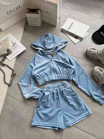 Женский стильный повседневный велюровый костюм Голубой, 42/44 Одесса