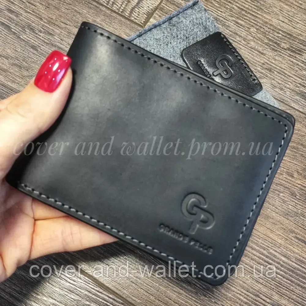 Стильний шкіряний затискач для грошей та карток ручної роботи чорного кольору Grande Pelle Київ - фото 6