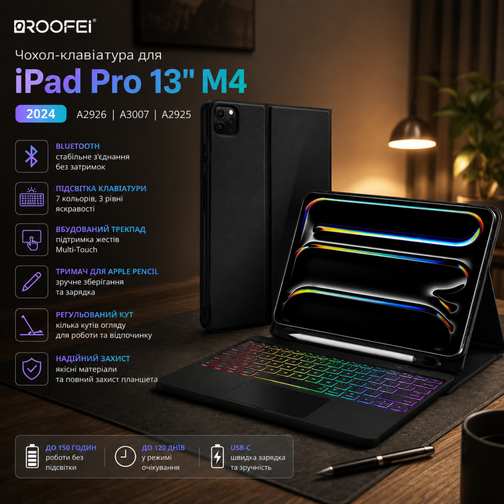 Чохол-клавіатура ROOFEI для iPad Pro 13" M4 2024 (A2926, A3007, A2925), Bluetooth, підсвітка, трекпад, тримач для Apple Pencil Київ - фото 9