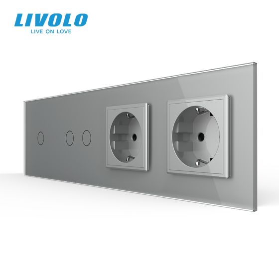 LIVOLO Сенсорний вимикач 3 сенсора (1-2) 2 розетки Livolo сірий скло (VL-C701/C702/C7C2EU-15) Коломия