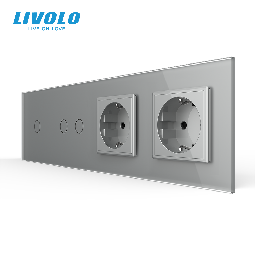 LIVOLO Сенсорний вимикач 3 сенсора (1-2) 2 розетки Livolo сірий скло (VL-C701/C702/C7C2EU-15) Коломия - фото 1
