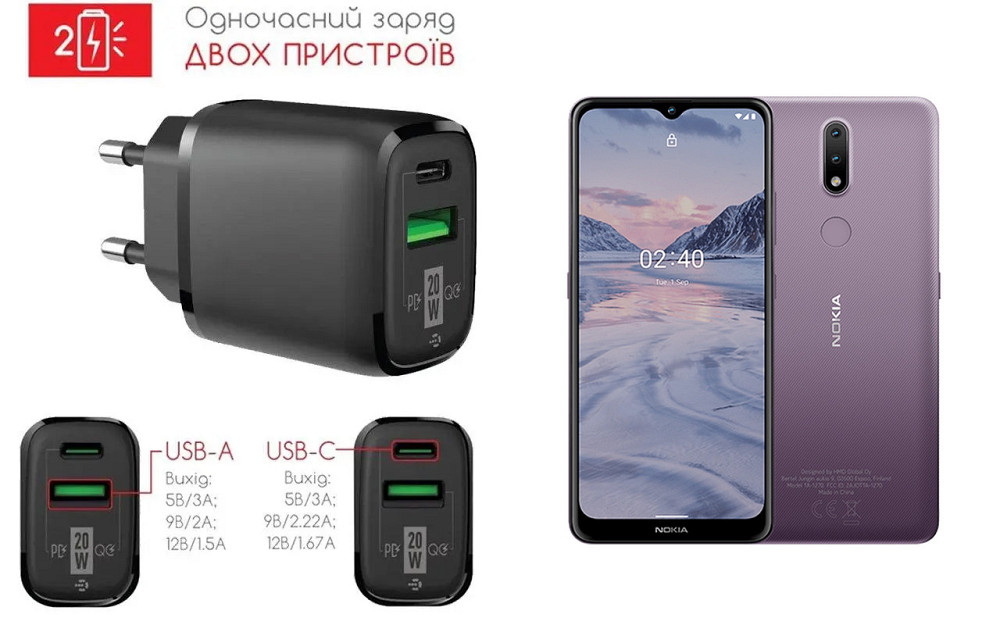 Сетевое зарядное устройство для Nokia 2.4, 20W 3A, Quick Charge 3.0 Киев - изображение 1