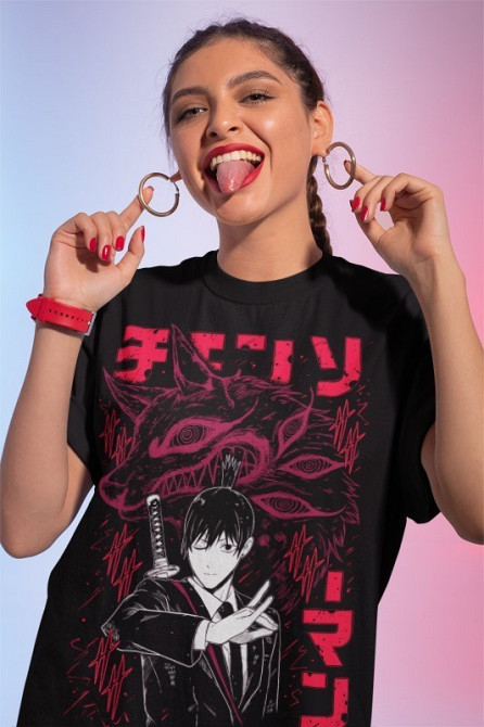 Футболка з аніме принтом Людина-бензопила оверсайз (S/M/L) Чорний AnimeJ0417 Дніпро - фото 1