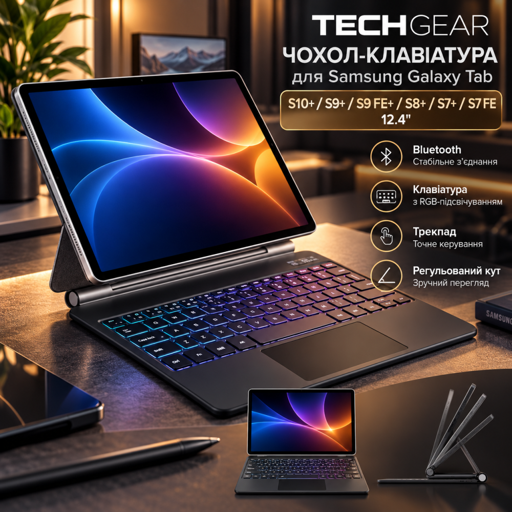 Чехол-клавиатура TECHGEAR для Samsung Galaxy Tab S10+/S9+/S9 FE+/S8+/S7+/S7 FE 12.4