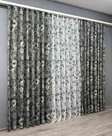 Комплект штор VR-Textil Лен Прованс 150х265 2шт и Тюль 600х265 1724ш-1681т Серый с белым 71-104/5 Киев