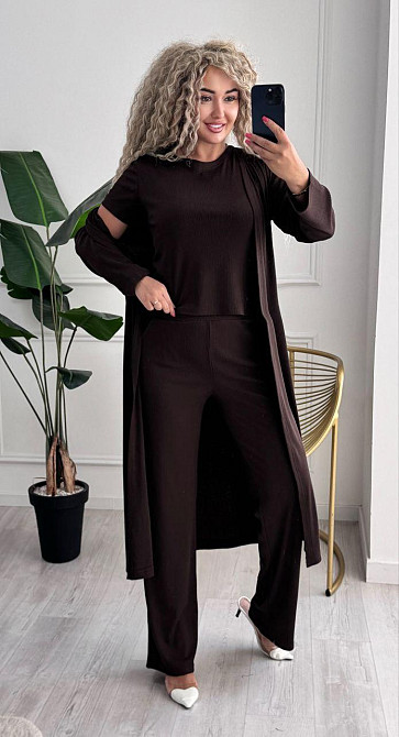 Женский базовый прогулочный костюм тройка: кардиган футболка и штаны трикотажный рубчик Шоколад, 46/48 Одесса - изображение 7