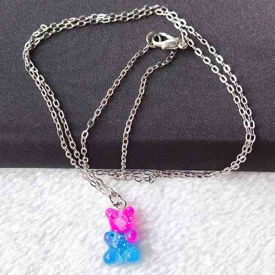 Кулон мишка, синий + розовый - длина 50см, смола, цинковый сплав Киев