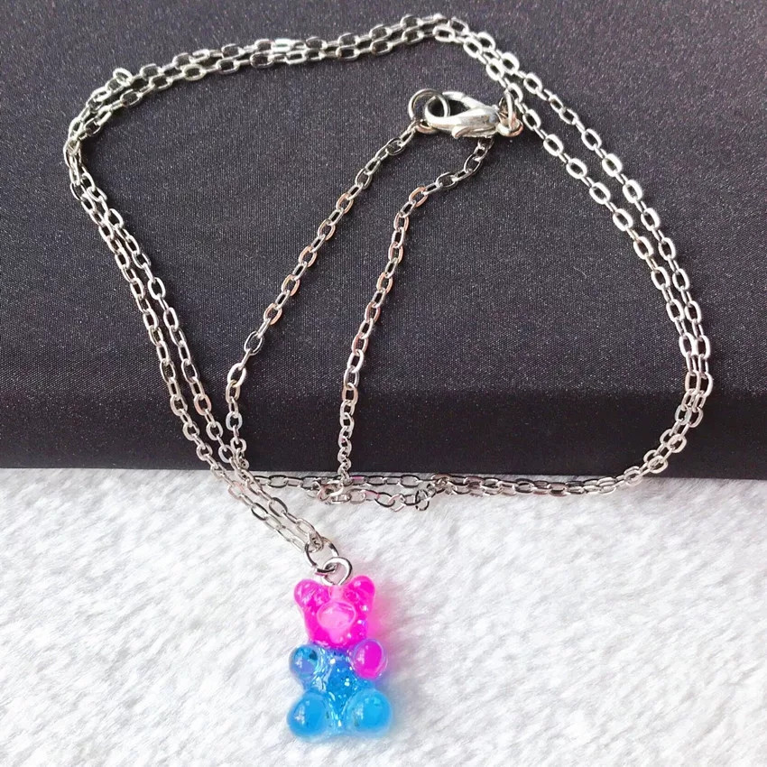 Кулон мишка, синий + розовый - длина 50см, смола, цинковый сплав Киев - изображение 1