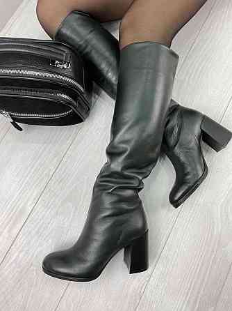 Injers Чоботи жіночі INJERS темно-зелені натуральна шкіра зима євро-хутро висота 41см каблук 8с Коломыя