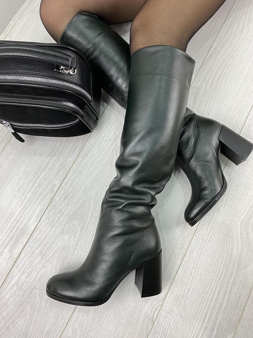 Injers Чоботи жіночі INJERS темно-зелені натуральна шкіра зима євро-хутро висота 41см каблук 8с Коломия - фото 2